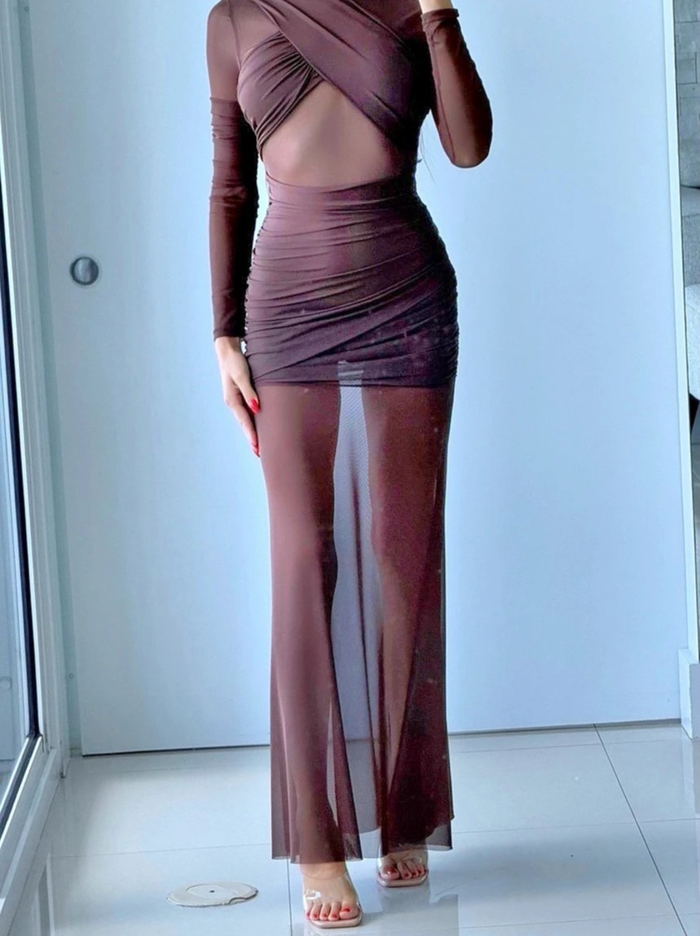 Brown Sheer Ruched Maxi Dress Like New
